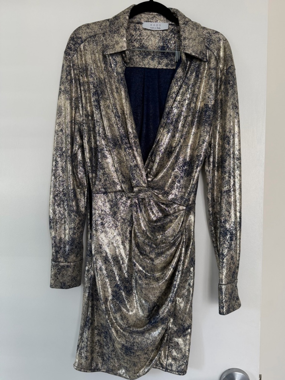 Kaos Metallic Silver Long-Sleeve Wrap Dress Size Medium